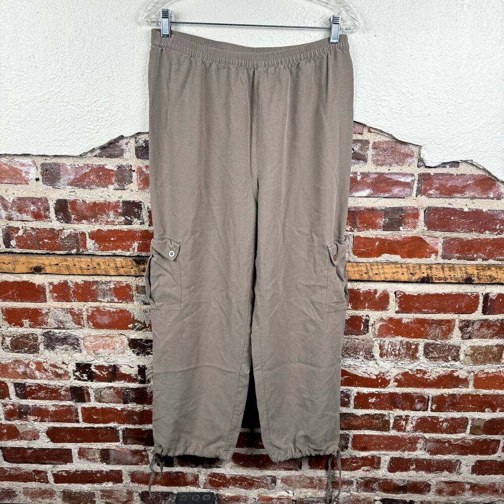 Vintage ISC Pants Size Medium Brown Silk Elastic Waist Cargo Pockets Cinched Hem
